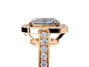 Bezel-Framed Halo Engagement Ring Setting for Emerald Cut Center with Pave Band and Prong Head in Rose Gold