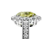 Halo Engagement Ring Setting for Fancy Yellow Oval Center with Milgrain Channel Band and Prong Head in Platinum