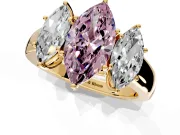 3 Stone Engagement Ring Setting for Fancy Pink Marquise Center with Raised Basket Heads and Prong Head in Yellow Gold