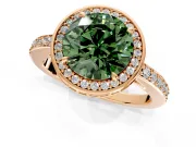 Halo Engagement Ring Setting for Fancy Green Round Cut Center with Metal-Rimmed Halo, Pave Band and Prong Head in Rose Gold