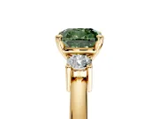 3 Stone Engagement Ring Setting for Fancy Green Cushion Cut Center with Wide Plain Band and Prong Head in Yellow Gold