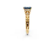 Solitaire Engagement Ring Setting for Fancy Blue Emerald Cut Center with Filigree Band and Prong Head in Yellow Gold