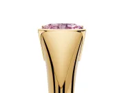 Tension Engagement Ring Setting for Fancy Pink Radiant Cut Center with Wide Tapered Band and Tension Head in Yellow Gold
