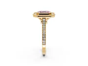 Halo Engagement Ring Setting for Fancy Pink Asscher Cut Center with Milgrain Frame, Pave Band and Prong Head in Yellow Gold