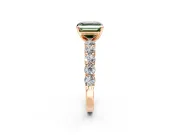 Shared-Prong Engagement Ring Setting for Fancy Green Asscher Cut Center with Graduated Accents and Prong Head in Rose Gold
