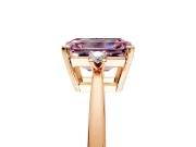 3 Stone Engagement Ring Setting for Fancy Pink Emerald Cut Center with Low-Set Round Cut Accents and Prong Head in Rose Gold
