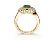 3 Stone Engagement Ring Setting for Fancy Green Asscher Cut Center with Raised Basket Heads and Prong Head in Yellow Gold