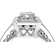 Halo Engagement Ring Setting for Radiant Cut Center with Milgrain Split Shank and Prong Head in Platinum