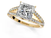 Solitaire Engagement Ring Setting for Princess Cut Center with Pave Split Shank and Prong Head in Yellow Gold
