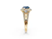 Halo Engagement Ring Setting for Fancy Blue Round Cut Center with Two-Strand Split Shank and Prong Head in Yellow Gold