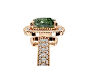 Milgrain Halo Engagement Ring Setting for Fancy Green Cushion Cut Center with Three-Sided Pave Band and Prong Head in Rose Gold