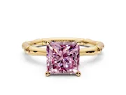 Solitaire Engagement Ring Setting for Fancy Pink Princess Cut Center with Bamboo Band and Prong Head in Yellow Gold