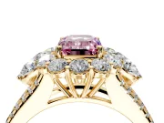 Halo Engagement Ring Setting for Fancy Pink Emerald Cut Center with Two-Strand Split Shank and Prong Head in Yellow Gold