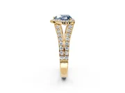 Halo Engagement Ring Setting for Fancy Blue Heart-Shaped Center with Narrow Pave Split Shank and Prong Head in Yellow Gold