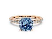 Solitaire Engagement Ring Setting for Fancy Blue Cushion Cut Center with Fine Pave Band and Prong Head in Rose Gold
