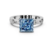 Solitaire Engagement Ring Setting for Fancy Blue Princess Cut Center with Channel Baguette Band and Prong Head in White Gold