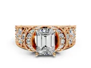 Pave Engagement Ring Setting for Emerald Cut Center with Curved Accent Rows, Openwork and Prong Head in Rose Gold