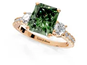 3 Stone Engagement Ring Setting for Fancy Green Radiant Cut Center with Round Cut Side Accents and Prong Head in Rose Gold