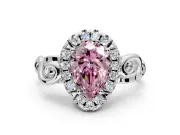 Halo Engagement Ring Setting for Fancy Pink Pear-Shaped Center with Open Scroll Shoulders and Prong Head in Platinum