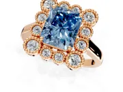 Cluster Halo Engagement Ring Setting for Fancy Blue Radiant Cut Center with Milgrain Bezel Accents and Prong Head in Rose Gold