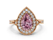 Halo Engagement Ring Setting for Fancy Pink Pear-Shaped Center with Milgrain Rim, Pave Band and Prong Head in Rose Gold