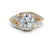 Halo Engagement Ring Setting for Round Cut Center with Marquise and Pave Bypass Band and Prong Head in Yellow Gold