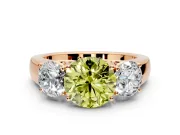 3 Stone Engagement Ring Setting for Fancy Yellow Round Cut Center with Raised Basket Heads and Prong Head in Rose Gold