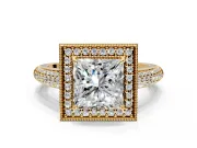 Milgrain Halo Engagement Ring Setting for Princess Cut Center with Three-Sided Pave Band and Prong Head in Yellow Gold