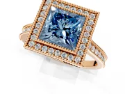 Halo Engagement Ring Setting for Fancy Blue Princess Cut Center with Milgrain Pave Band and Bezel Head in Rose Gold