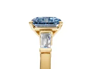 3 Stone Engagement Ring Setting for Fancy Blue Radiant Cut Center with Channel Baguette Accents and Prong Head in Yellow Gold