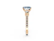 3 Stone Engagement Ring Setting for Fancy Blue Radiant Cut Center with Round Cut Side Accents and Prong Head in Rose Gold
