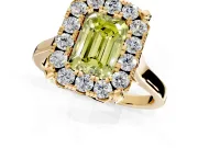 Single Halo Engagement Ring Setting for Fancy Yellow Emerald Cut Center with Corner Claws, Plain Band and Prong Head in Yellow Gold