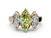 3 Stone Engagement Ring Setting for Fancy Yellow Marquise Center with Raised Basket Heads and Prong Head in Rose Gold