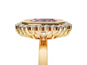 Halo Engagement Ring Setting for Fancy Pink Emerald Cut Center with Milgrain Bezel Rim, Plain Band and Prong Head in Yellow Gold