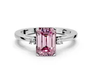 3 Stone Engagement Ring Setting for Fancy Pink Emerald Cut Center with Low-Set Round Cut Accents and Prong Head in White Gold