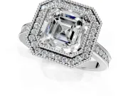 Halo Engagement Ring Setting for Asscher Cut Center with Milgrain Halo, Pave Band and Prong Head in Sterling Silver