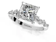 Cluster Engagement Ring Setting for Princess Cut Center with Round Cut Accent Band and Prong Head in Sterling Silver