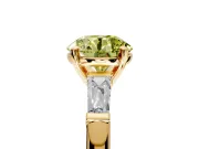3 Stone Engagement Ring Setting for Fancy Yellow Round Cut Center with Tapered Baguettes, Plain Band and Prong Head in Yellow Gold
