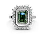 Halo Engagement Ring Setting for Fancy Green Emerald Cut Center with Milgrain Bezel Rim, Plain Band and Prong Head in White Gold