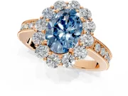 Halo Engagement Ring Setting for Fancy Blue Oval Center with Milgrain Channel Band and Prong Head in Rose Gold