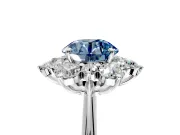 Small-Accent Cluster Halo Engagement Ring Setting for Fancy Blue Round Cut Center with Plain Band and Prong Head in Sterling Silver