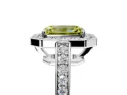 Bezel-Framed Halo Engagement Ring Setting for Fancy Yellow Emerald Cut Center with Pave Band and Prong Head in Platinum