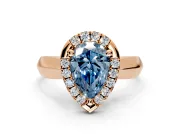 Halo Engagement Ring Setting for Fancy Blue Pear-Shaped Center with Square Band and Prong Head in Rose Gold