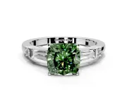 Bar-Set Engagement Ring Setting for Fancy Green Cushion Cut Center with Tapered Baguette Accents and Prong Head in Platinum