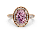 Milgrain Halo Engagement Ring Setting for Fancy Pink Oval Center with Three-Sided Pave Band and Prong Head in Rose Gold