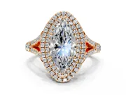 Double Halo Engagement Ring Setting for Marquise Center with Narrow Pave Split Shank and Prong Head in Rose Gold