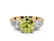 3 Stone Engagement Ring Setting for Fancy Yellow Round Cut Center with Crossover Basket, Pave Band and Prong Head in Yellow Gold
