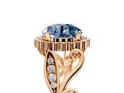 Halo Engagement Ring Setting for Fancy Blue Round Cut Center with Leaf Motif Split Shank and Prong Head in Rose Gold