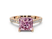 Solitaire Engagement Ring Setting for Fancy Pink Princess Cut Center with Widening Pave Band and Claw Prong Head in Rose Gold
