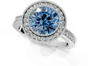 Halo Engagement Ring Setting for Fancy Blue Round Cut Center with Milgrain Halo, Pave Band and Prong Head in Sterling Silver